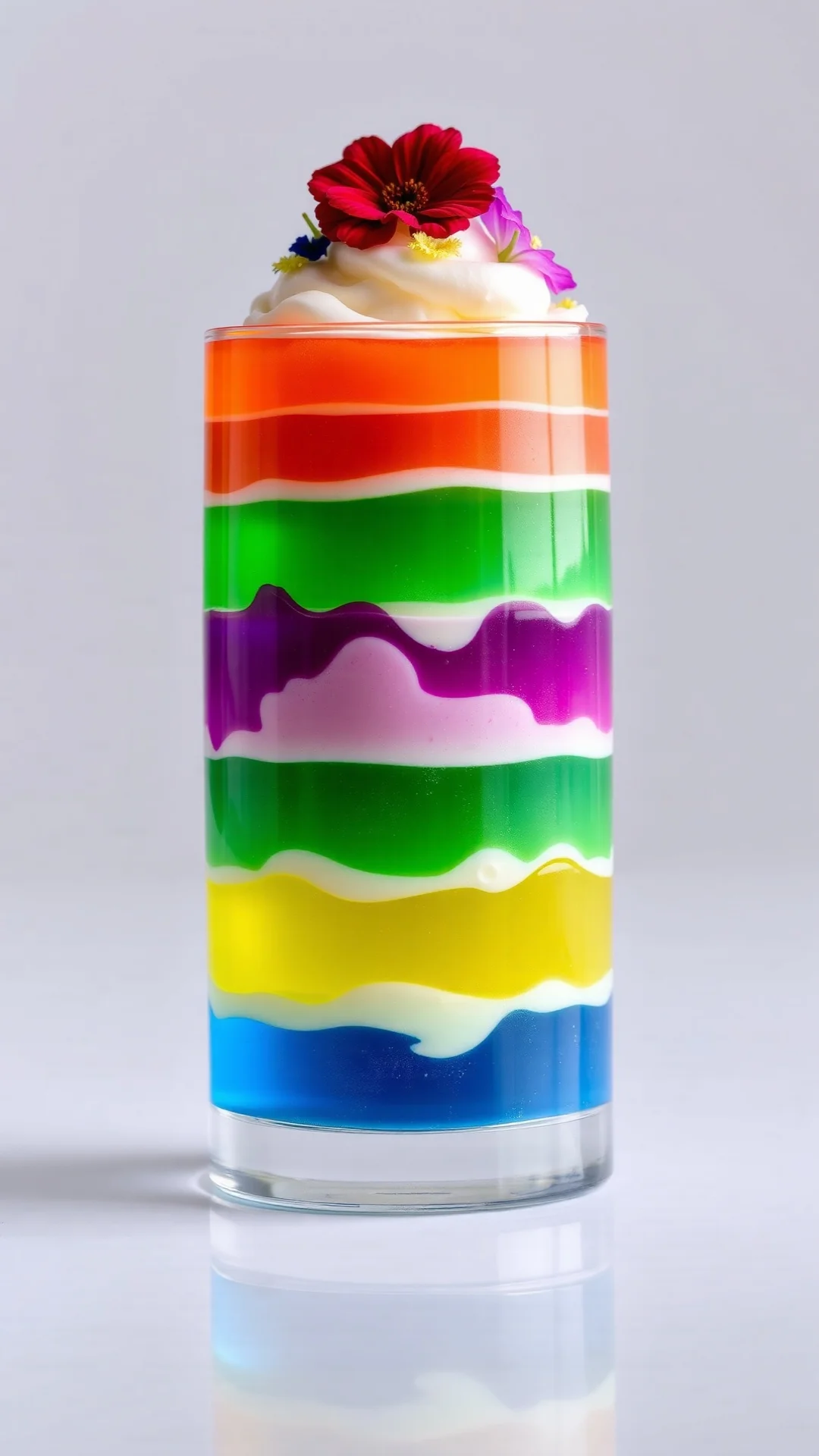 Vertical portrait of layered Dr Jennifer Ashton gelatin trick with multiple colors stacked in clear glass, garnished with edi