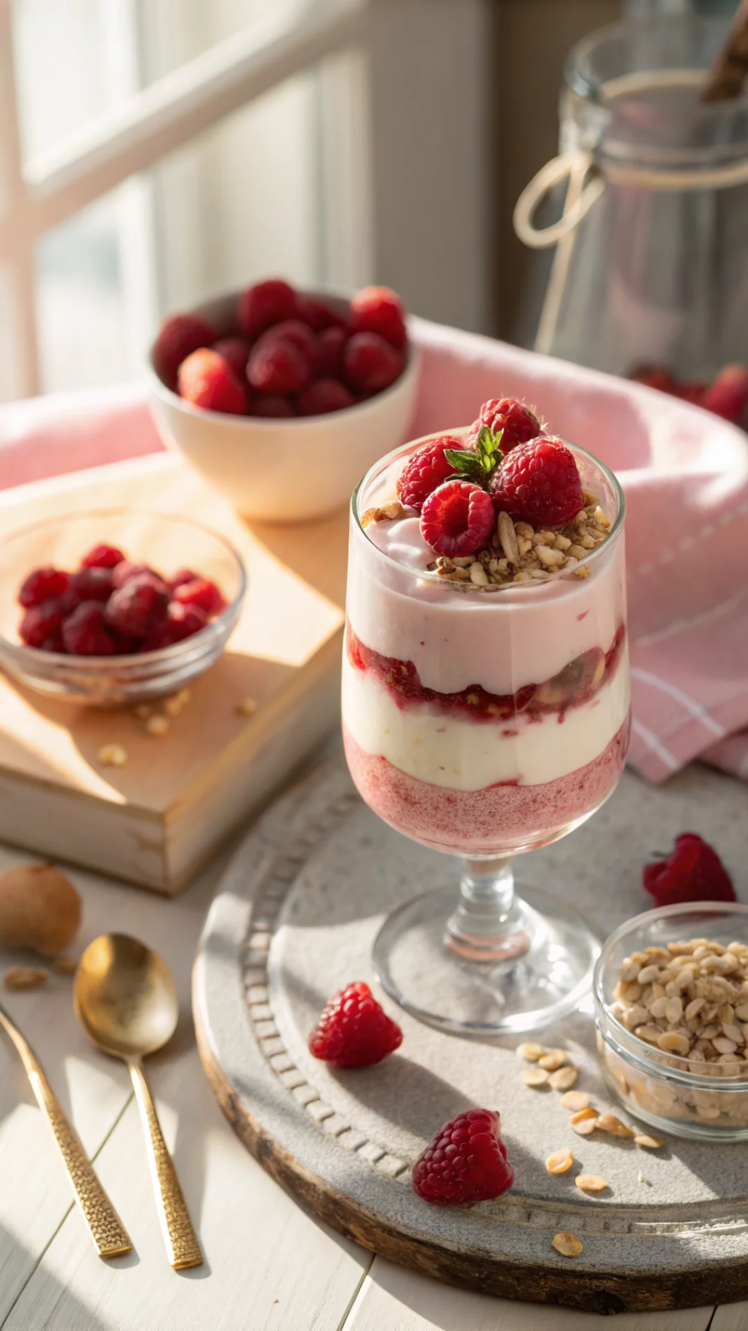 Vertical portrait of layered pink and white gelatin parfait in a tall glass with Greek yogurt and fresh raspberries, warm aft