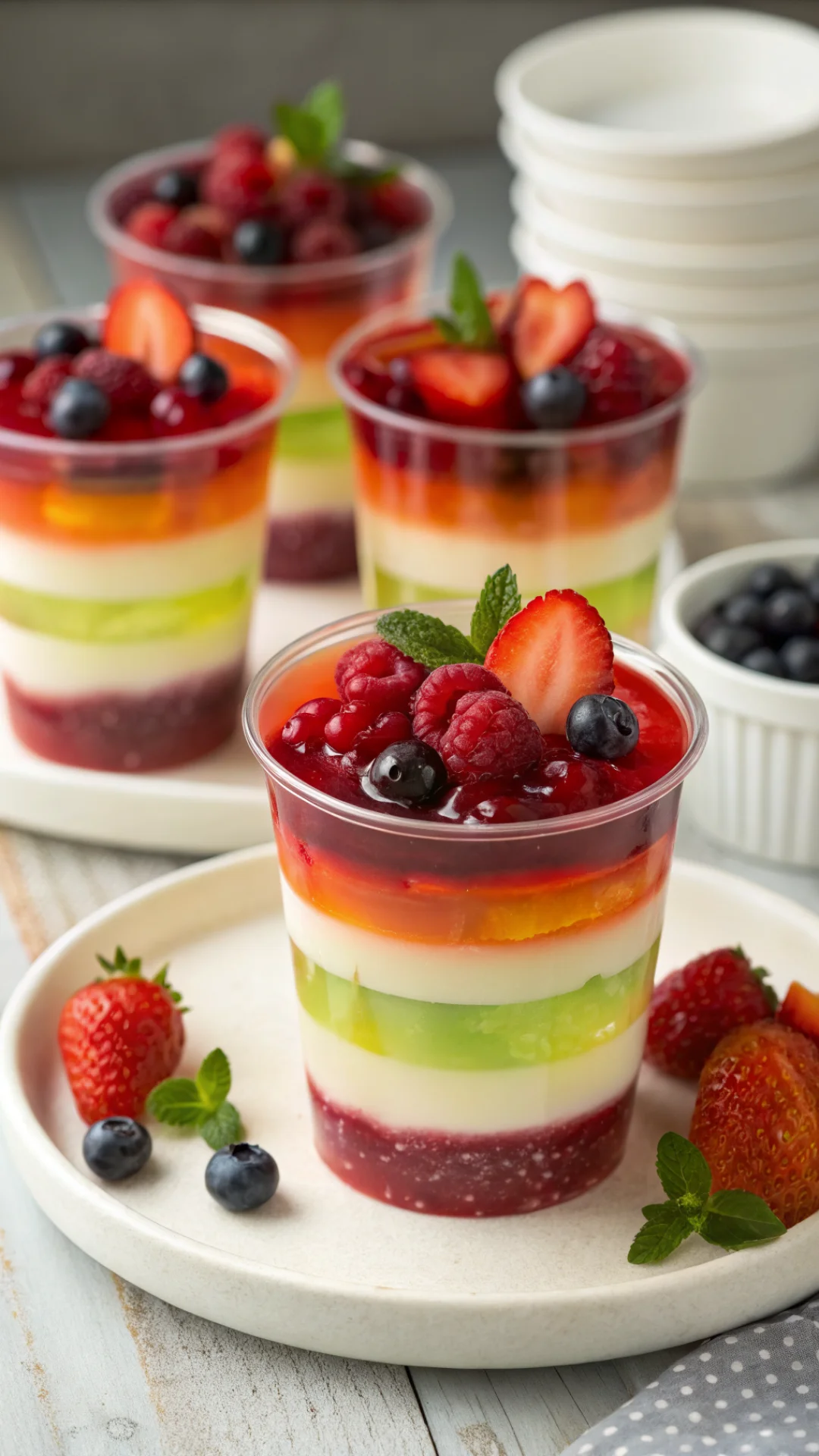 Vertical portrait of layered rainbow jello cups with suspended berries and fruit pieces, shot in tall 9:16 format, vibrant co