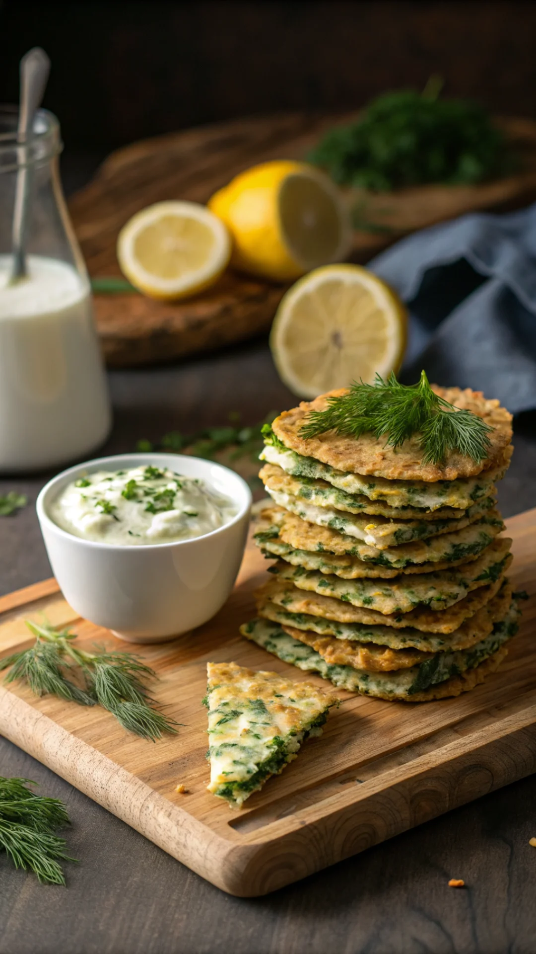 Vertical portrait of Mediterranean spinach feta crisps stacked on wooden board with tzatziki dipping sauce in small white bow