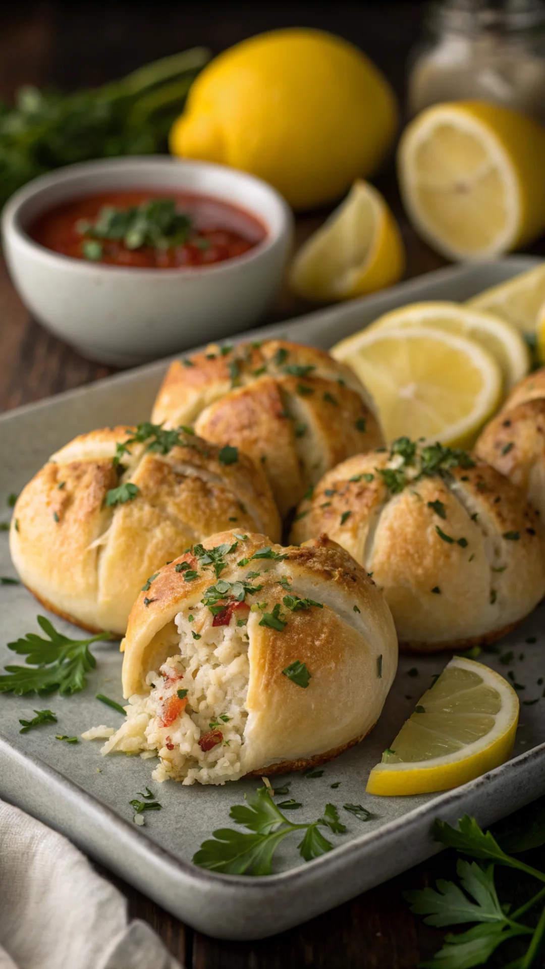 Vertical portrait of multiple crabby shrimp stuffed garlic bread bombs on a serving platter with fresh herbs, lemon slices, a