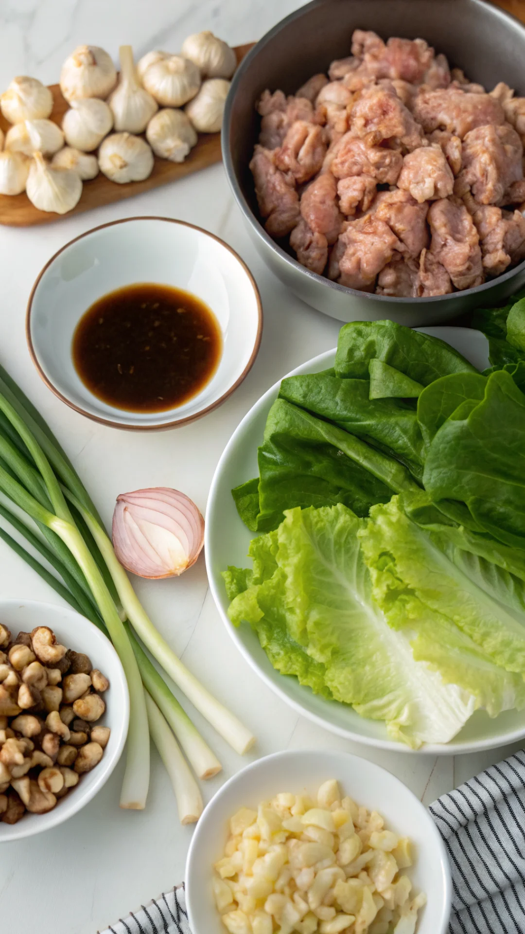 Vertical portrait of prepared ingredients for lettuce wraps arranged neatly, ground chicken, water chestnuts, fresh ginger, g