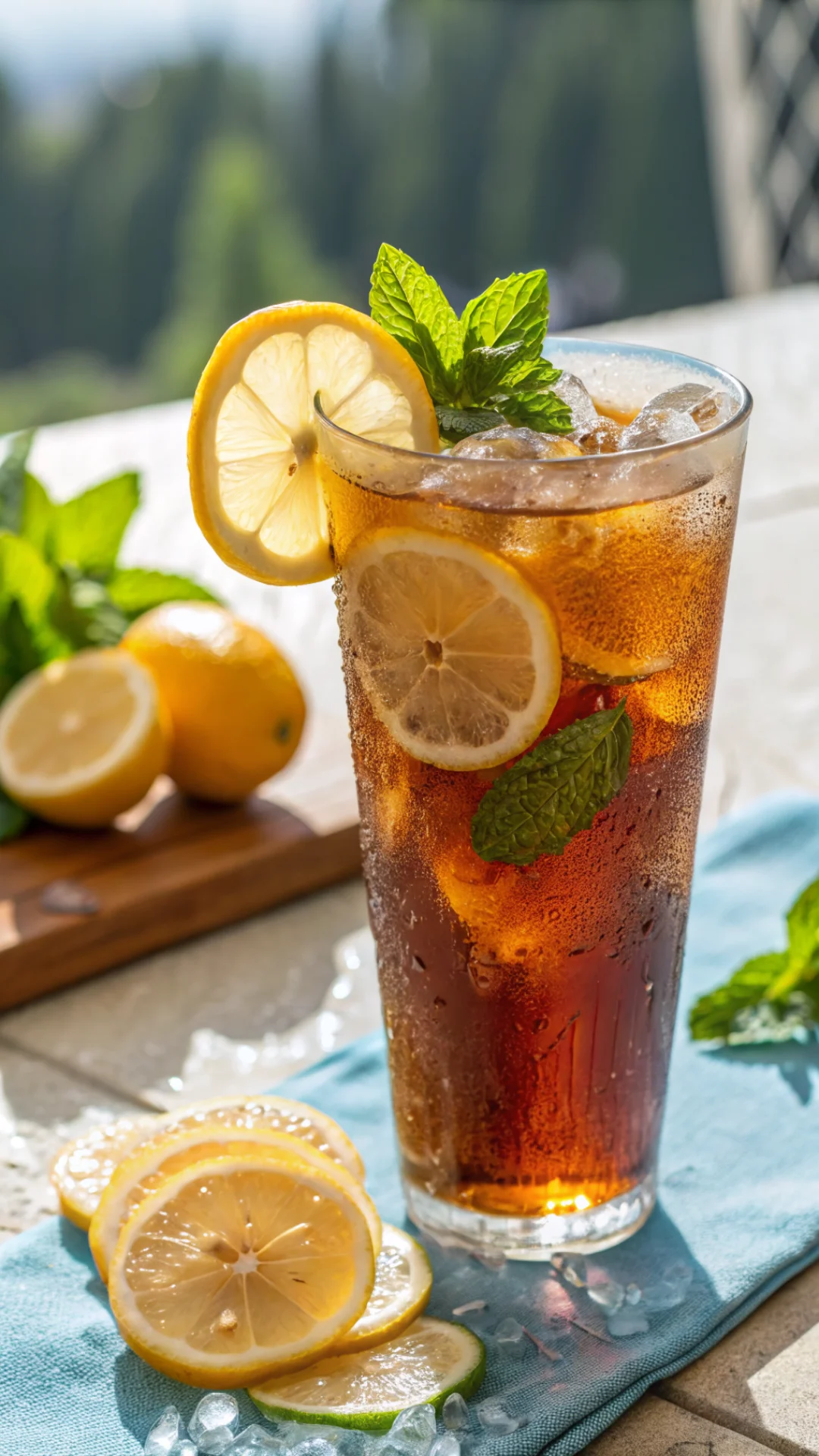 Vertical portrait of refreshing iced ichiran tea with lemon slices in tall glass, condensation on glass, fresh mint leaves, b