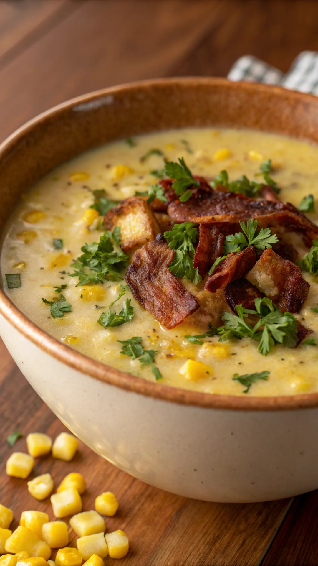 Vertical portrait of rustic bowl of Amish corn chowder topped with crispy bacon bits and fresh parsley, creamy golden-yellow