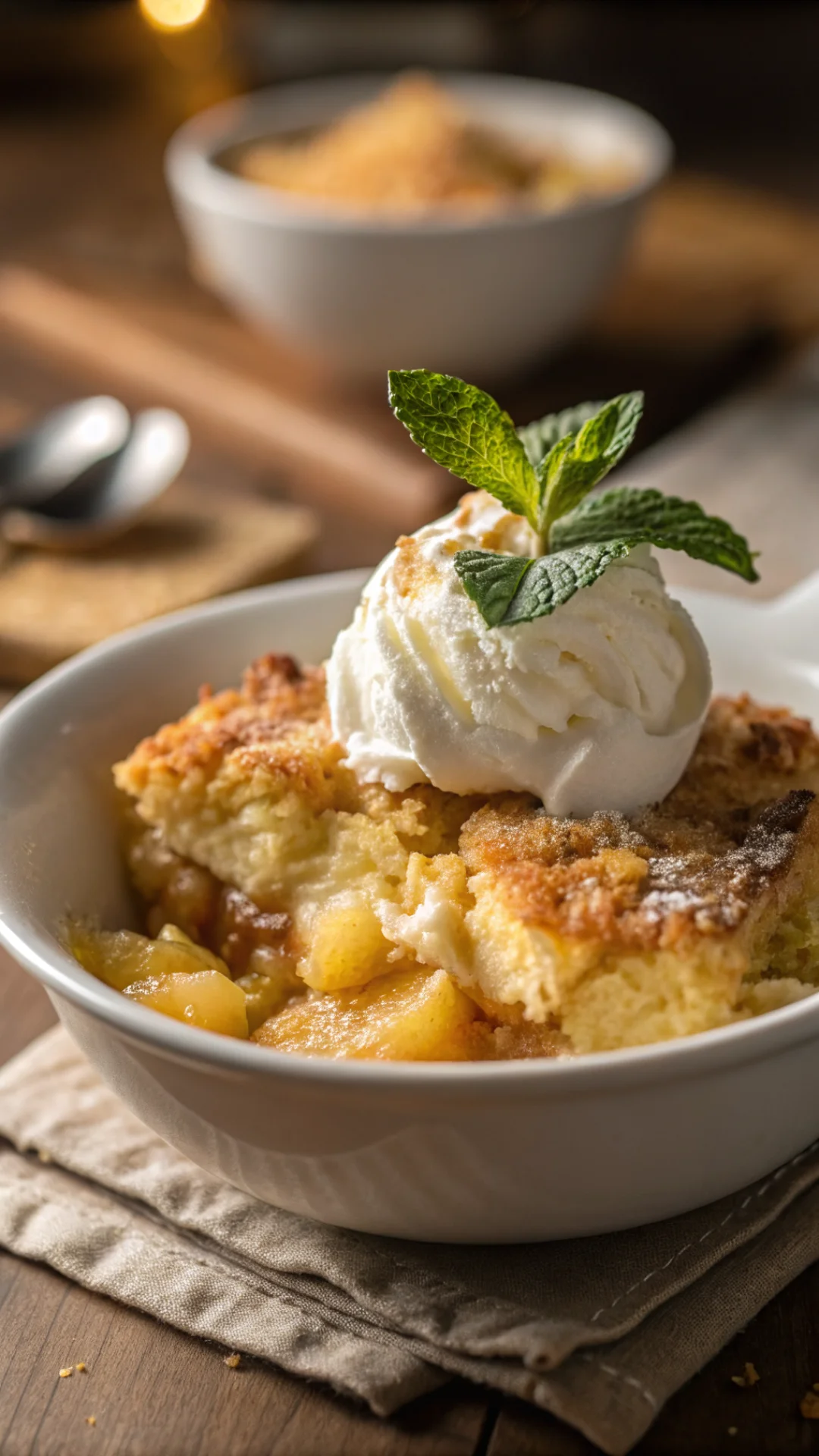 Vertical portrait of single serving of pineapple cream cheese cobbler in a white bowl with whipped cream and fresh mint garni