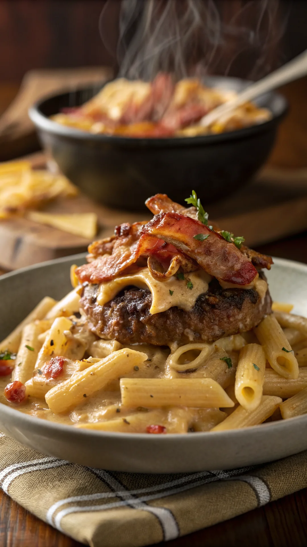 Vertical portrait of skillet with finished bacon cheeseburger Alfredo pasta, steam rising, rich creamy sauce coating penne, b