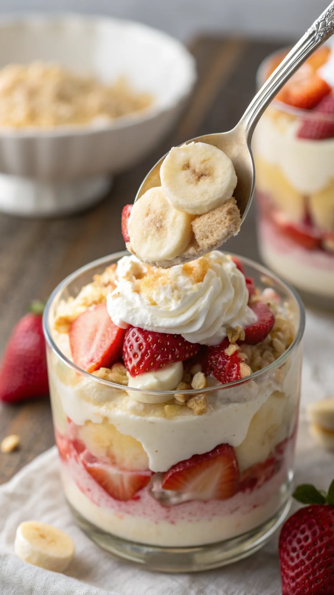 Vertical portrait of spoon scooping into strawberry banana pudding dream dessert, showing layers of creamy pudding, soft vani