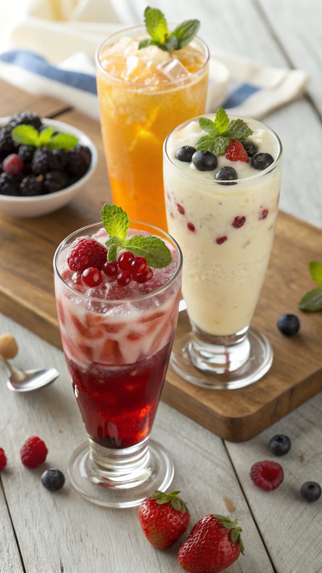 Vertical portrait of three variations of gelatin weight loss drink in glasses - warm version, chilled version, and set jelly