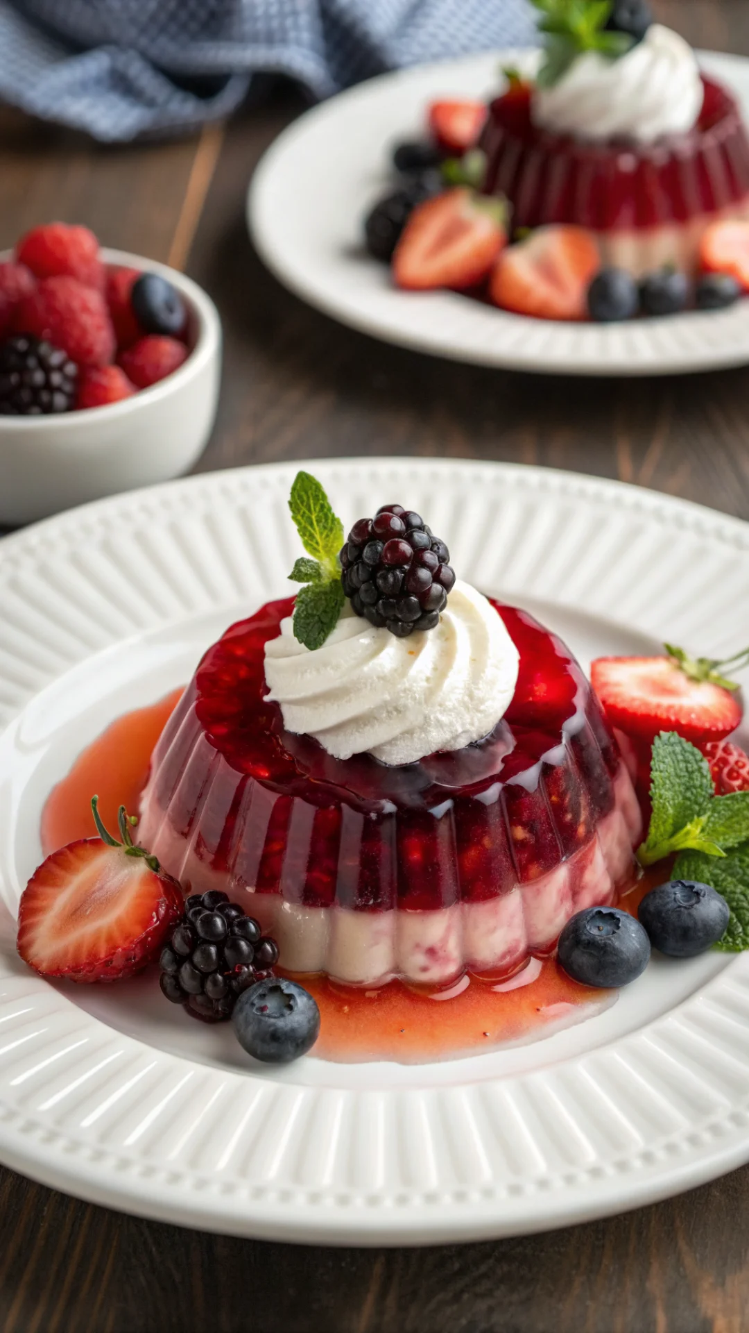 Vertical portrait of unmolded Kelly Clarkson jello on white plate showing beautiful transparent layered design, garnished wit
