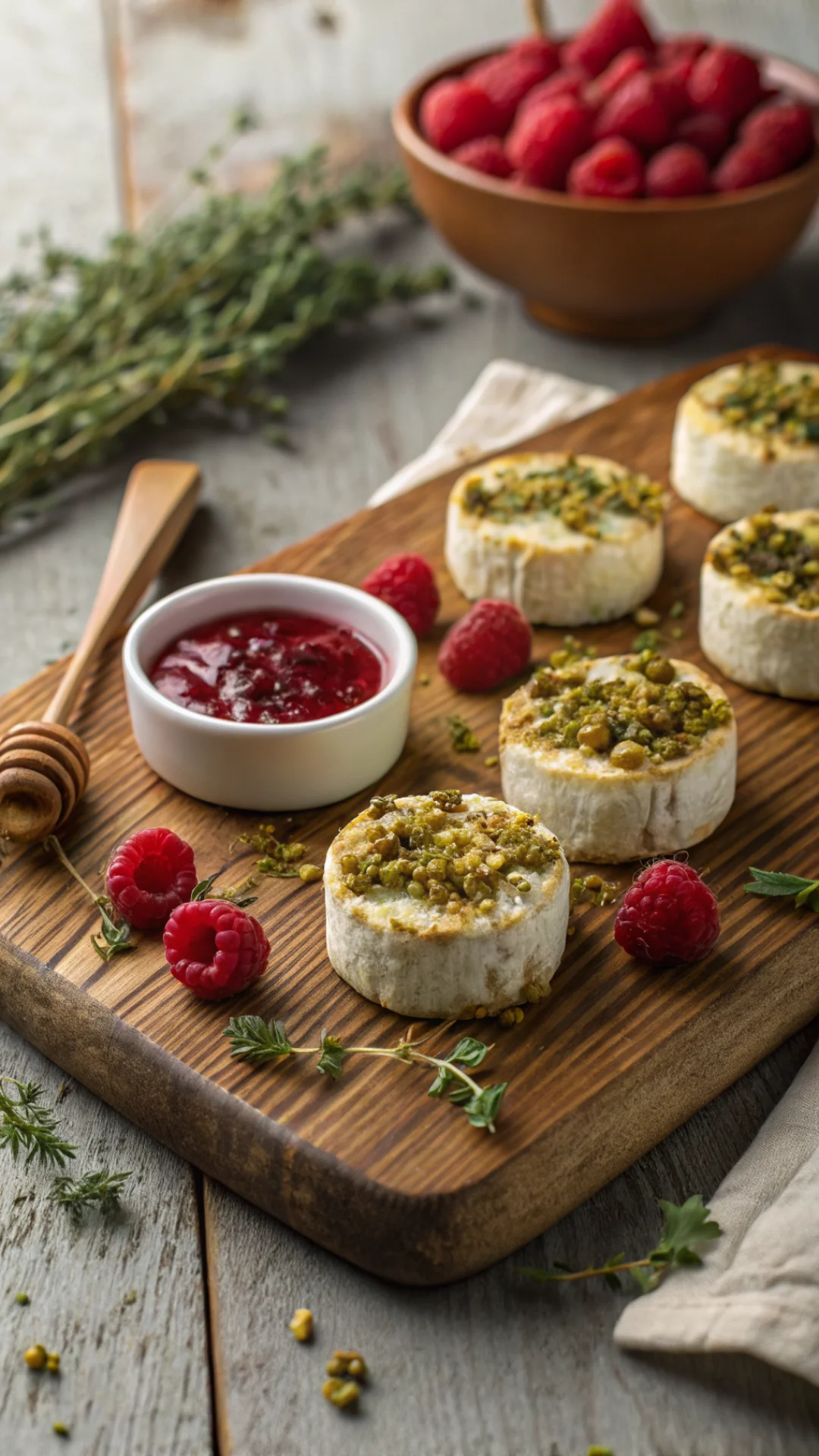 Vertical portrait shot of arranged pistachio crusted brie bites on rustic wooden board with small bowl of raspberry honey gla