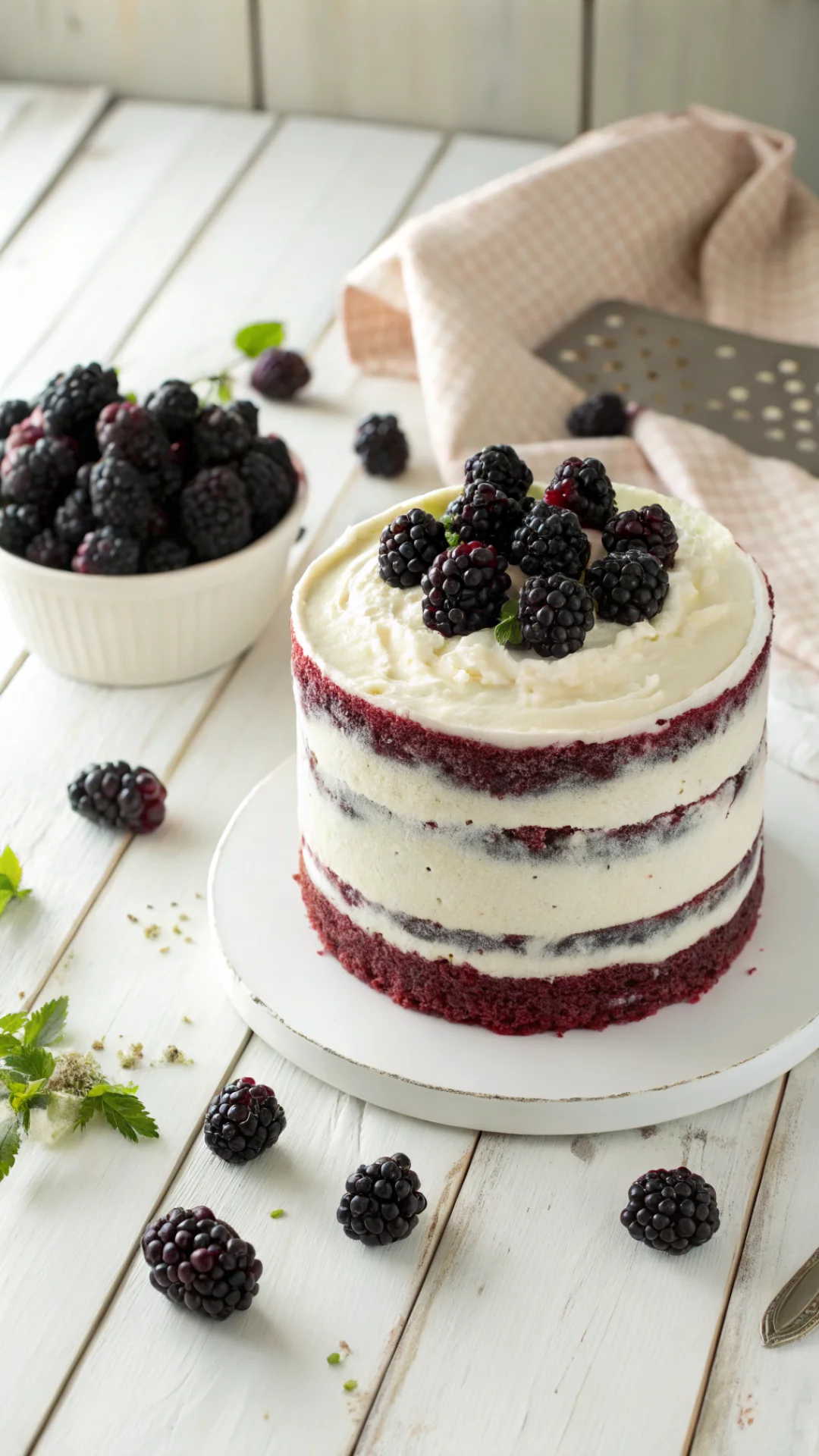 Vertical portrait shot of blackberry velvet cake with cream cheese frosting, fresh blackberries scattered around base, white