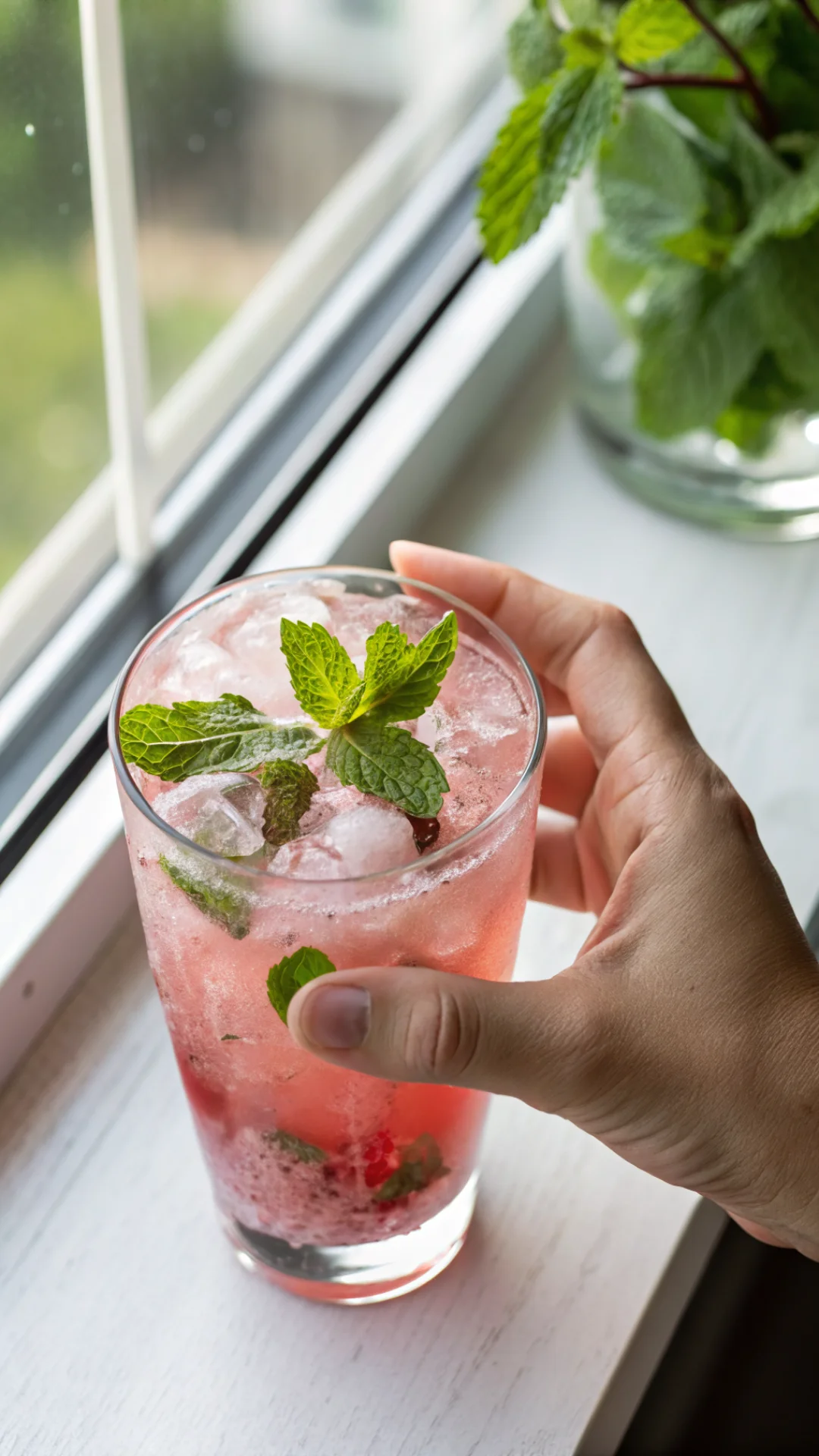 Vertical portrait shot of hand holding glass of pink salt weight loss drink, fresh mint leaves floating, ice cubes visible, b