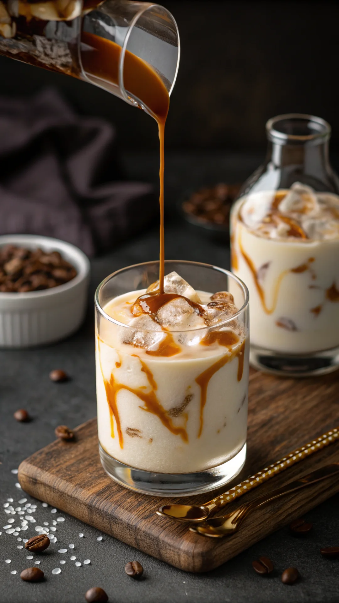 Vertical portrait shot of salted caramel sauce being drizzled into a White Russian cocktail, 9:16 aspect ratio, close-up of g