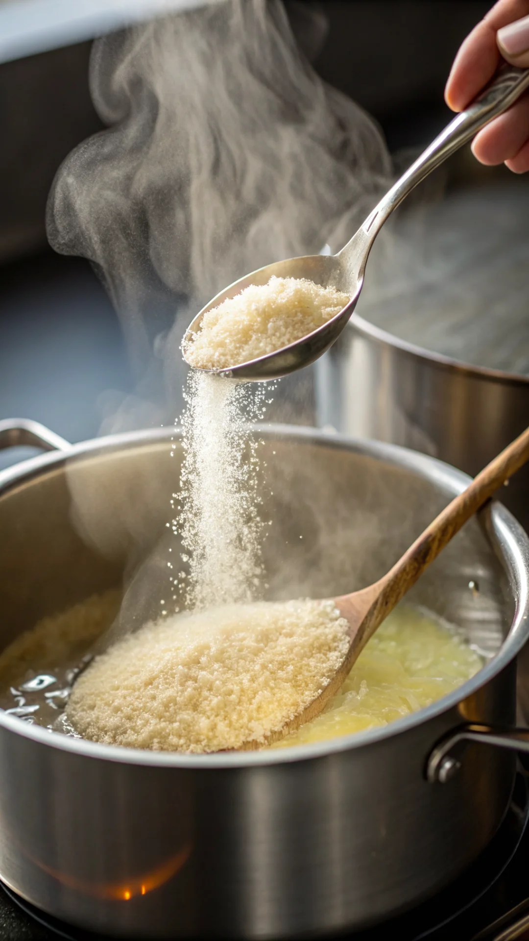 Vertical portrait shot of unflavored gelatin powder being stirred into hot water in saucepan, steam rising, clear close-up of