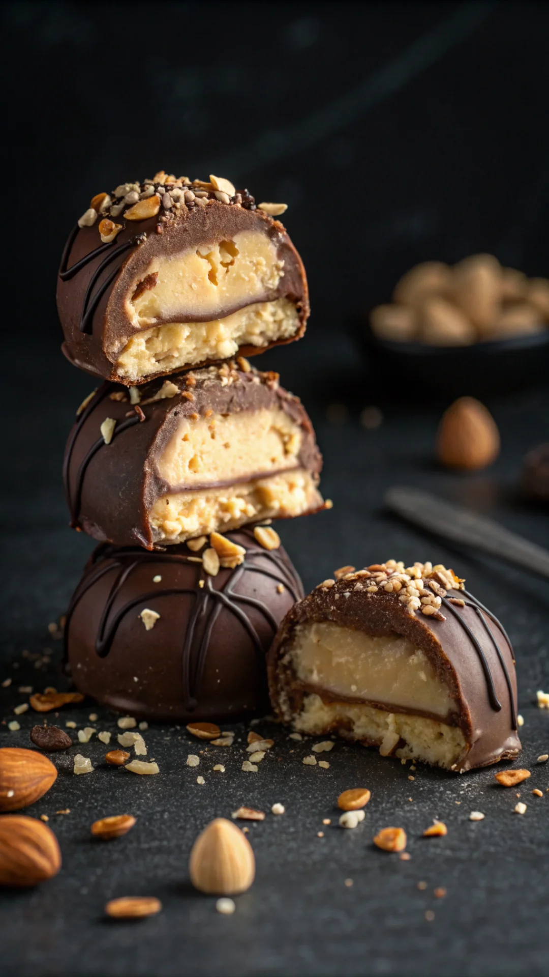 Vertical portrait stack of three chocolate-coated peanut butter cheesecake balls with crushed peanut toppings, one cut to sho