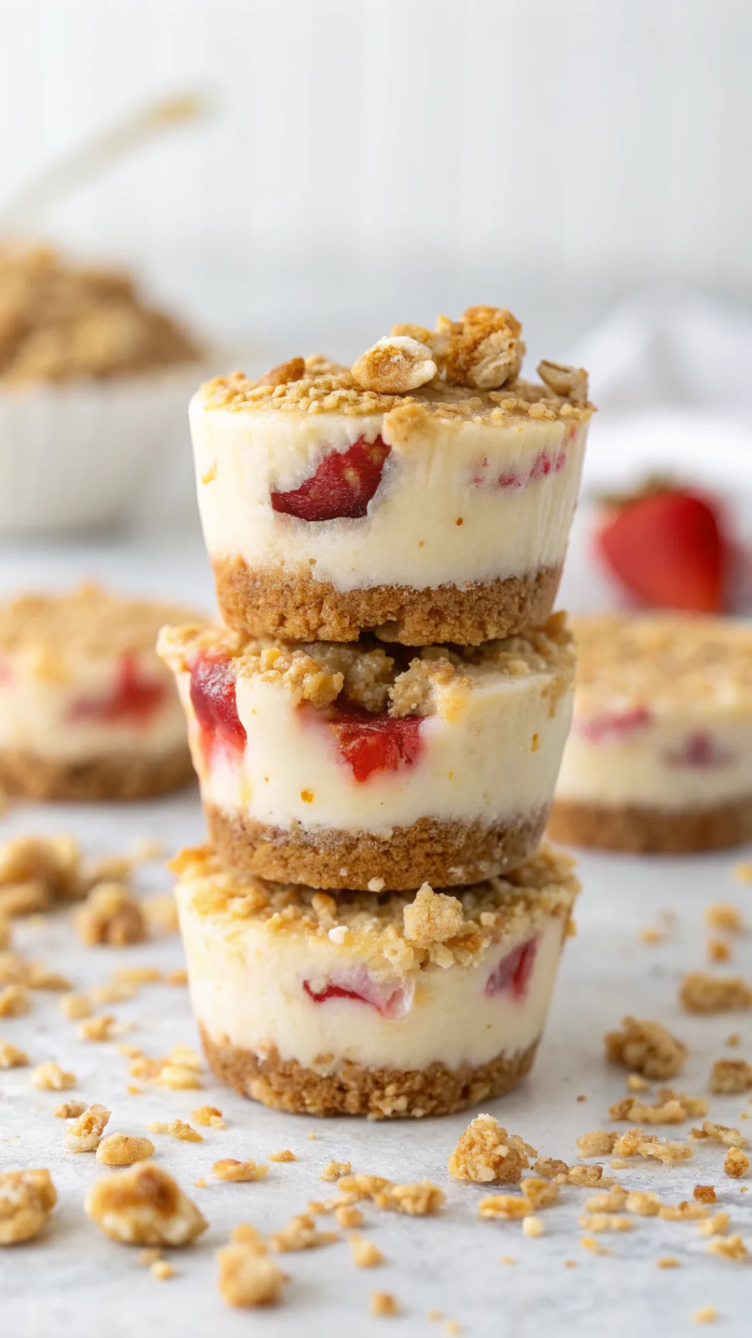 Vertical shot of three cheesecake bites stacked artfully, creamy filling dripping slightly, strawberry pieces visible inside,