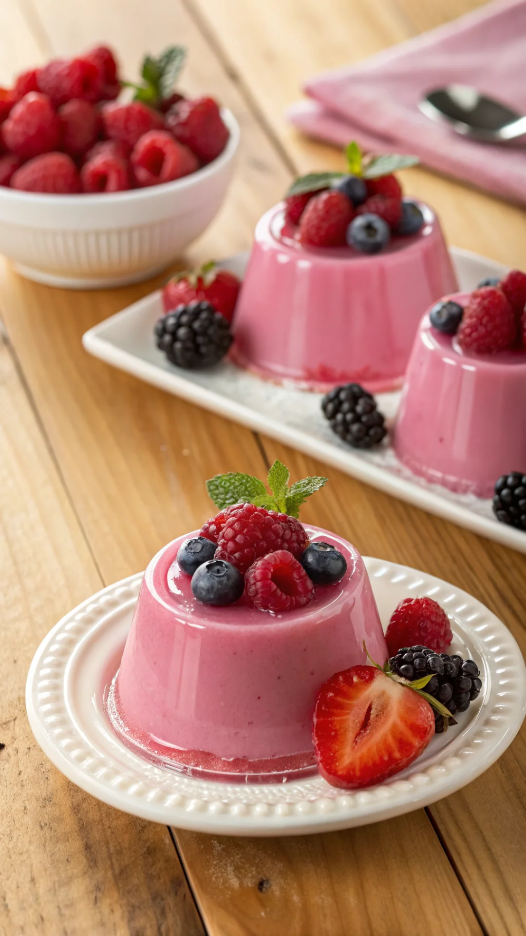 Vertical shot of three elegant pink gelatin servings in small dessert cups with fresh berries on top, wooden table setting, w