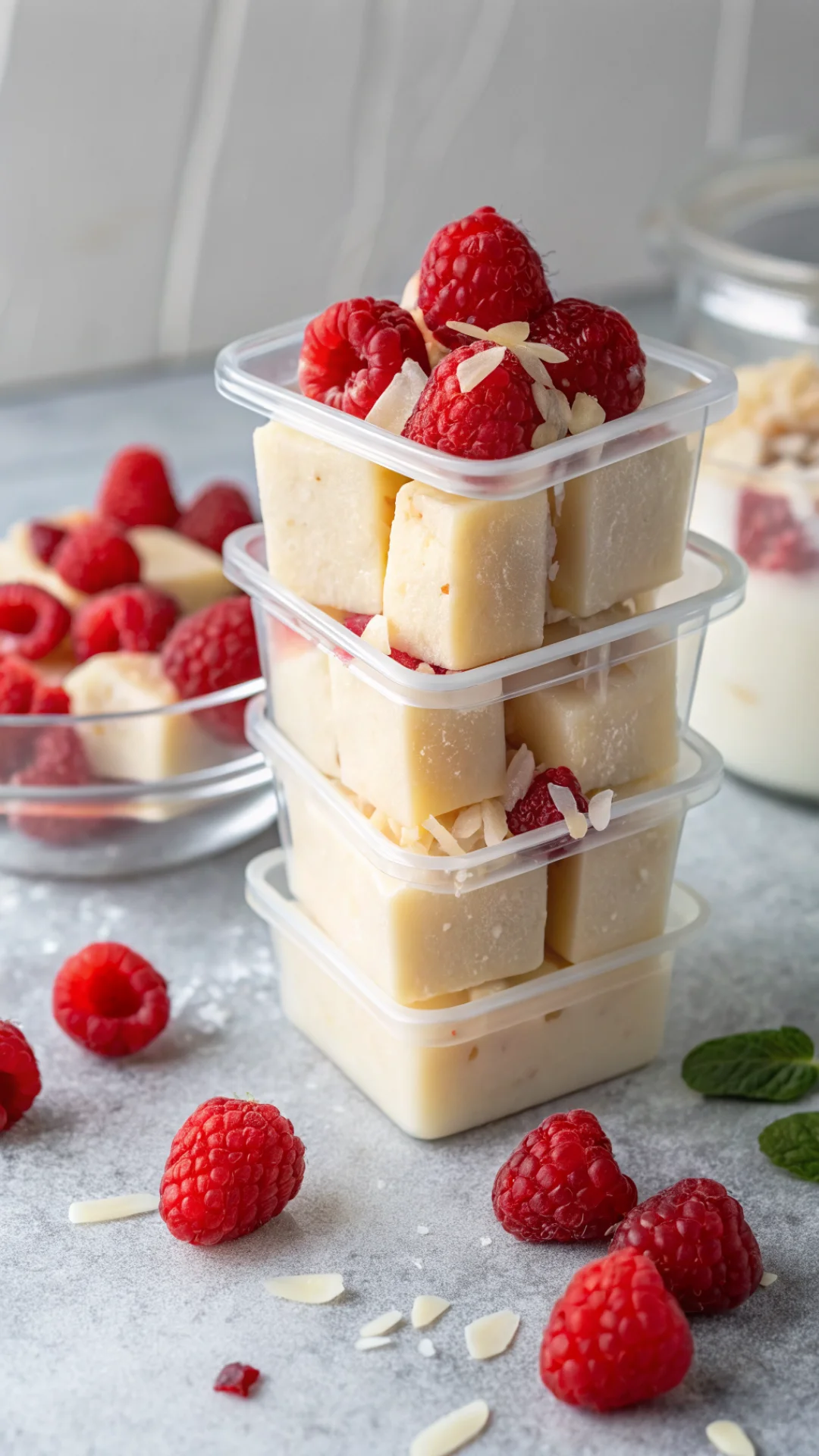 Vertical shot of vanilla protein gelatin cubes stacked in a clear container with fresh raspberries and coconut flakes on top,