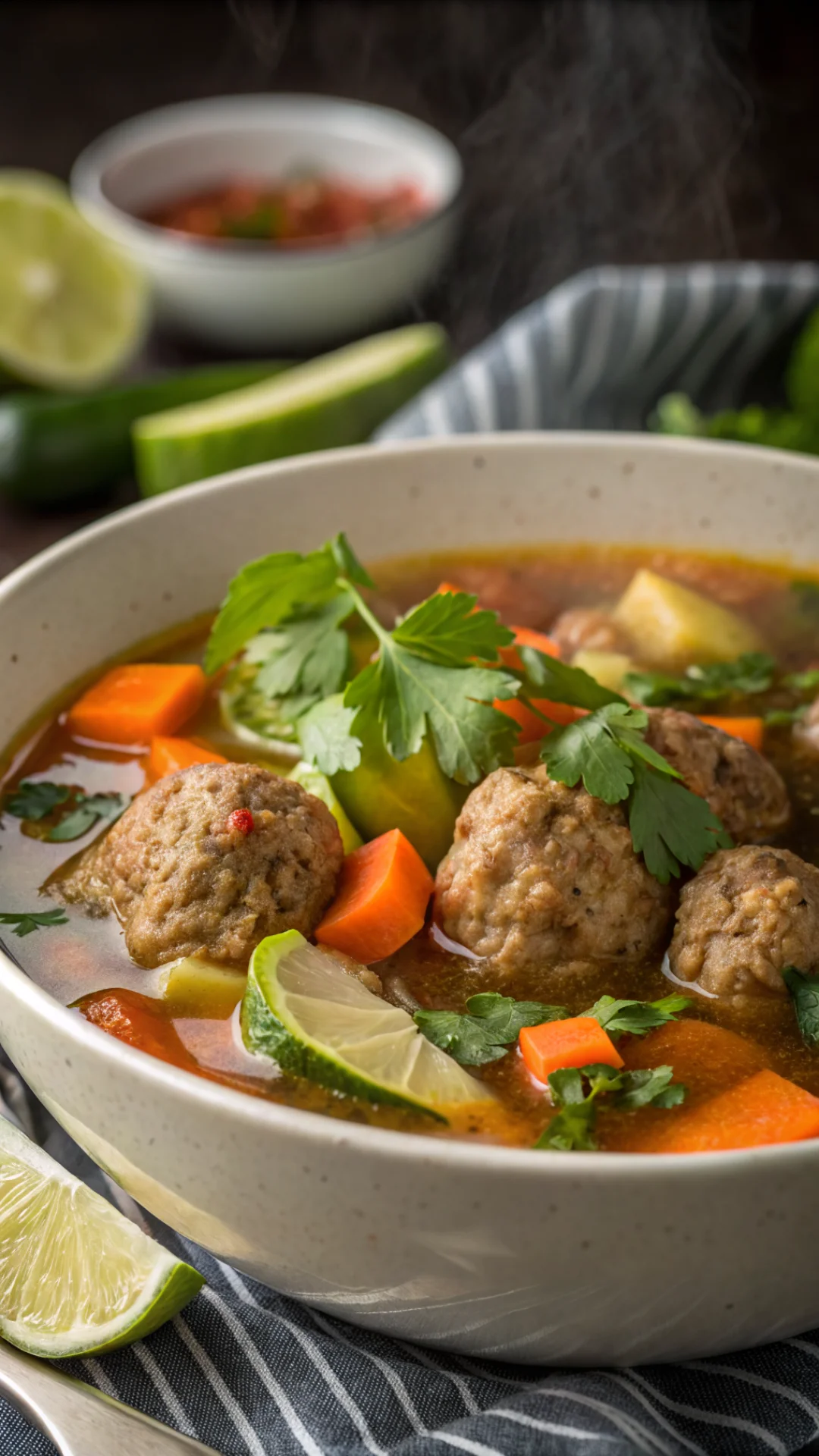 Close-up vertical portrait of a bowl of albondigas soup filled with meatballs, carrots, zucchini, fresh cilantro garnish, lim