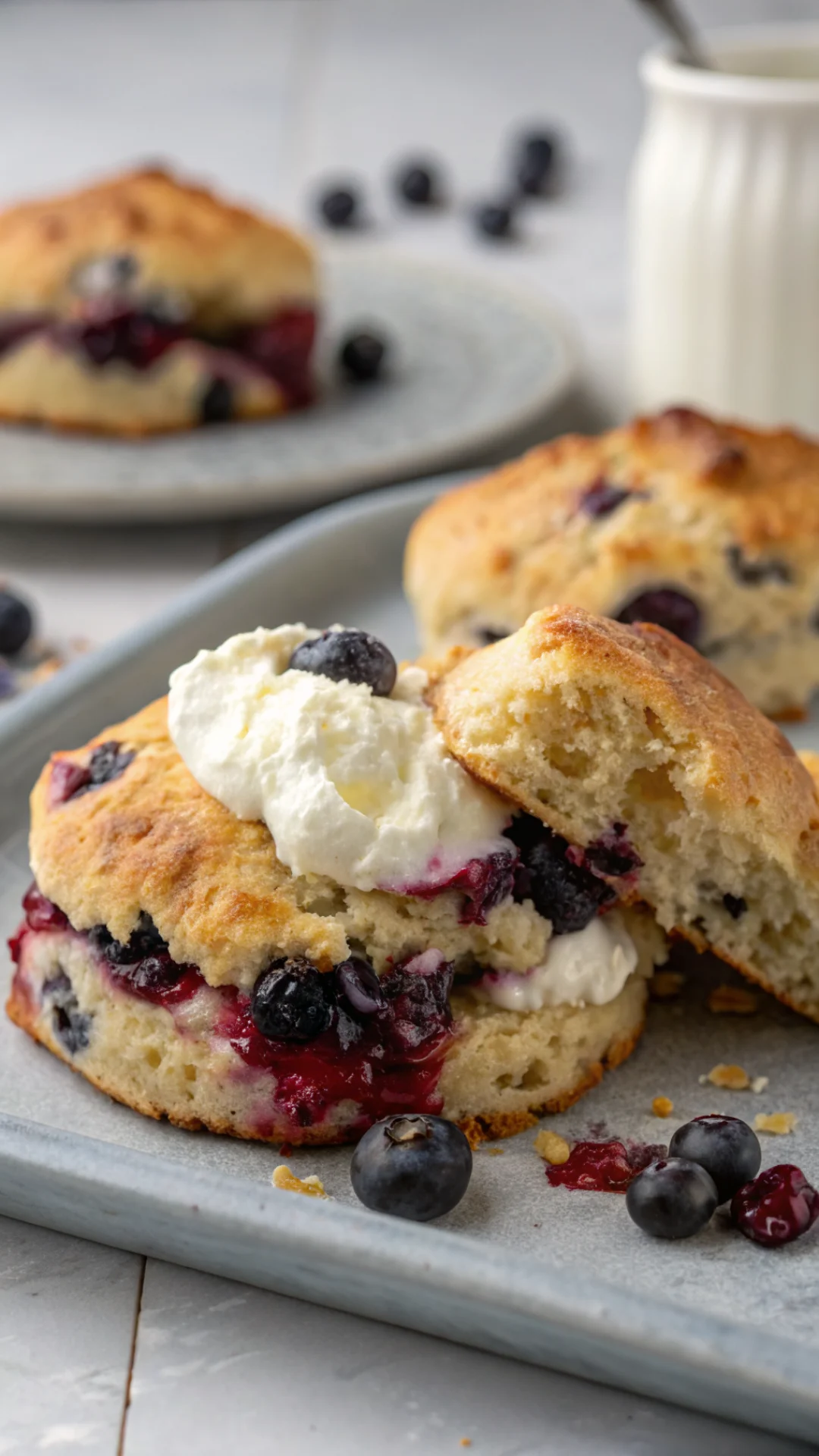 Close-up vertical portrait of a fresh warm blueberry scone split in half showing interior crumb, topped with clotted cream an