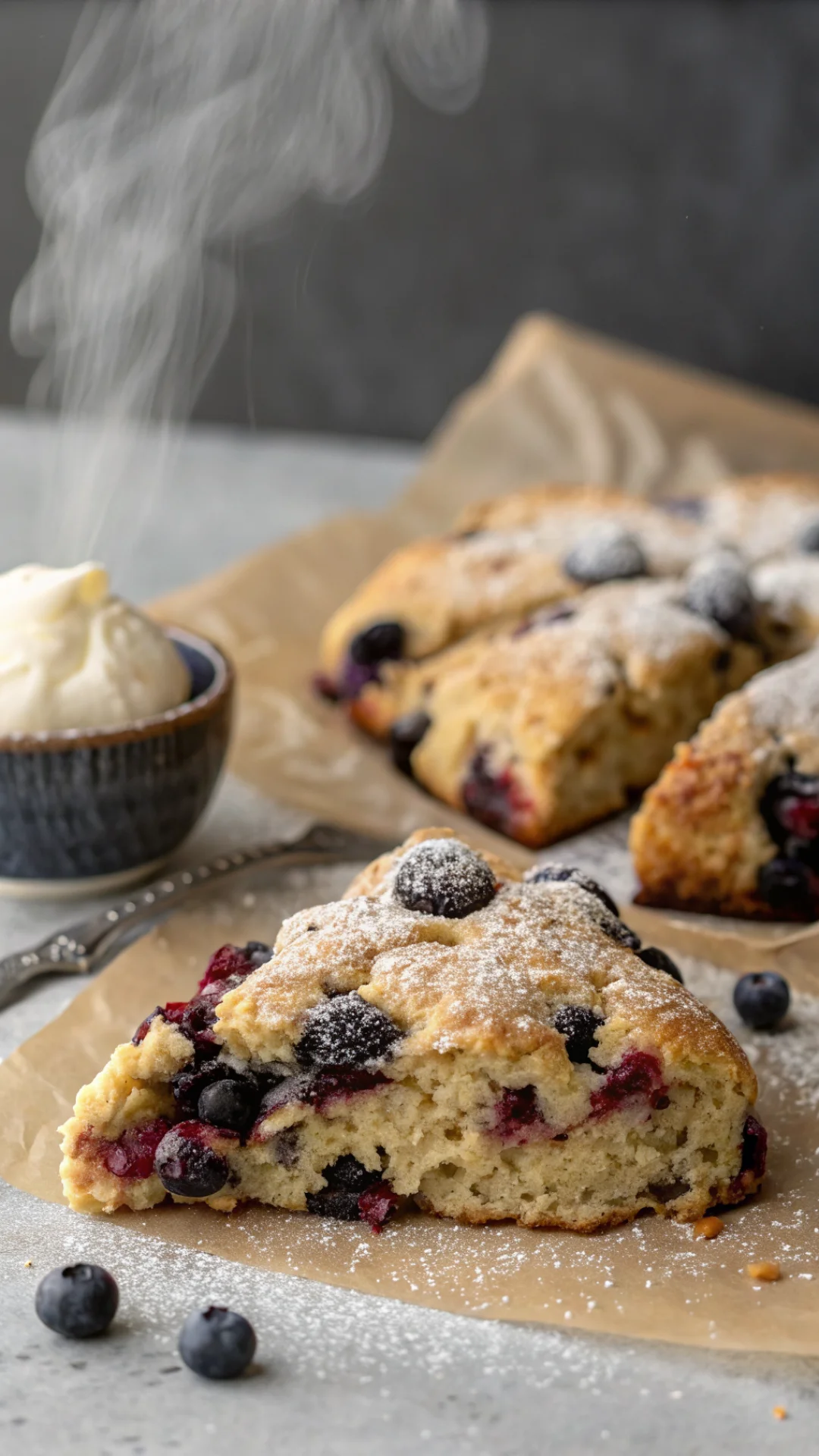 Close-up vertical portrait of a single freshly baked gluten-free blueberry almond flour scone split open showing moist interi