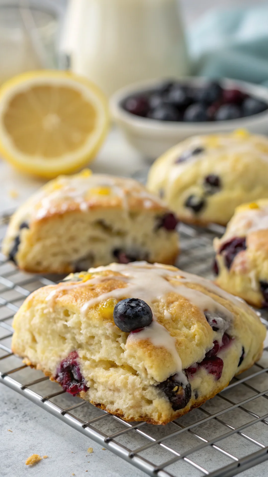 Close-up vertical portrait of a single lemon blueberry scone with glossy lemon glaze, showing tender crumb interior and whole