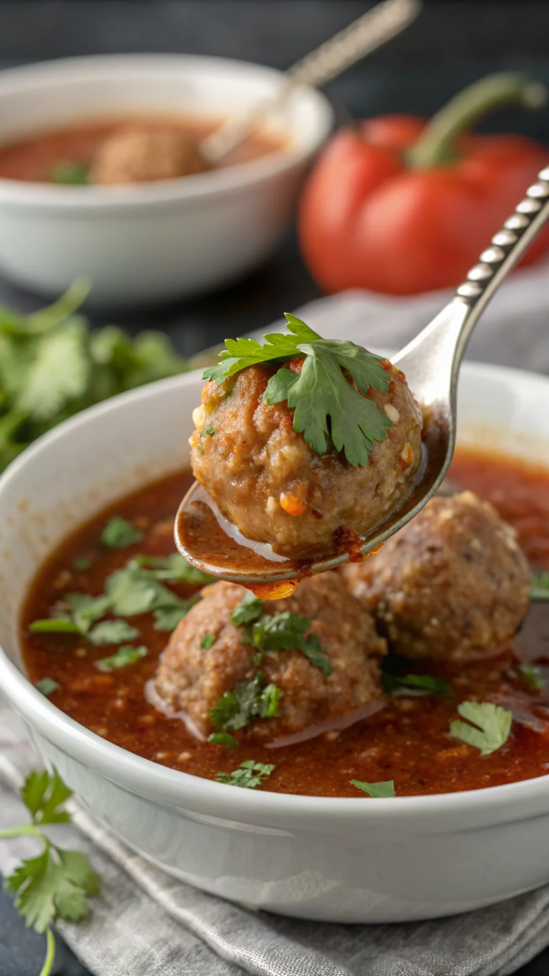 Close-up vertical portrait of a spoon holding a tender meatball from Mexican albondigas soup, broth dripping, fresh cilantro