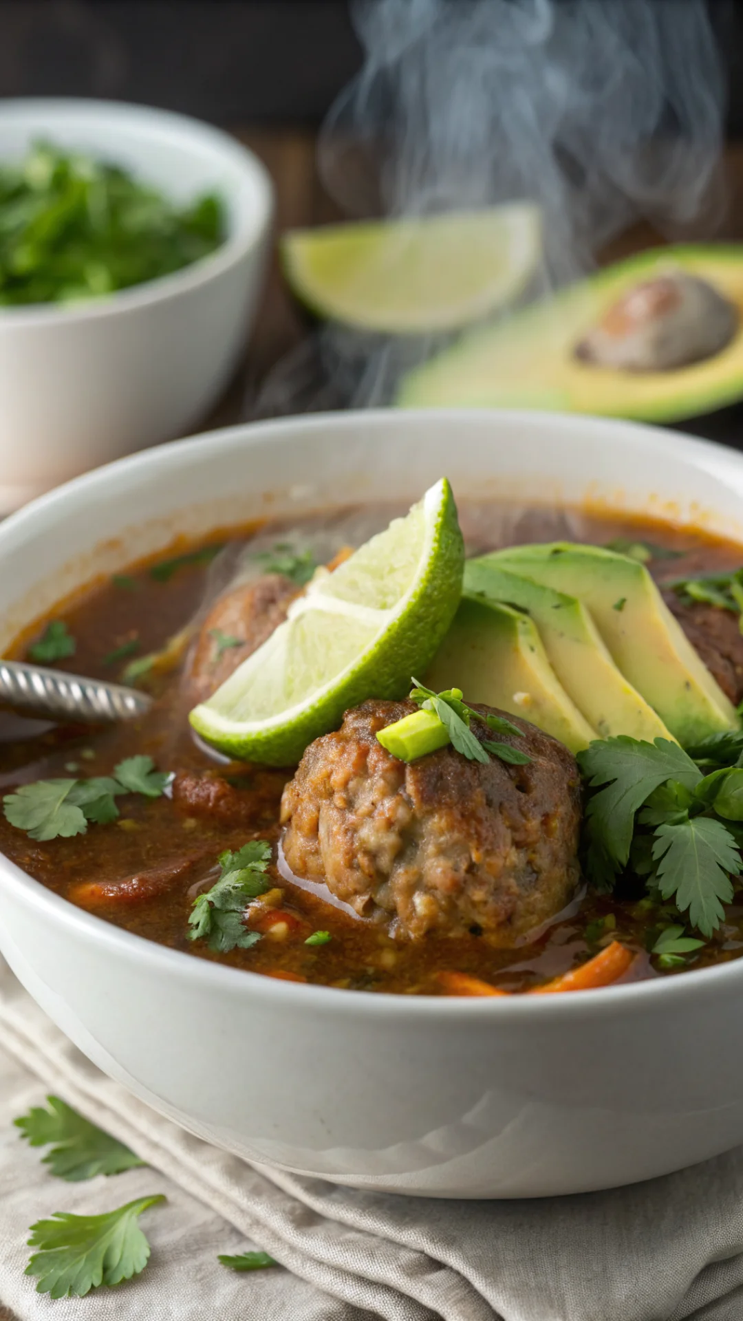 Close-up vertical portrait of chipotle albondigas soup in white bowl, tender meatball in focus, smoky broth swirling, fresh c