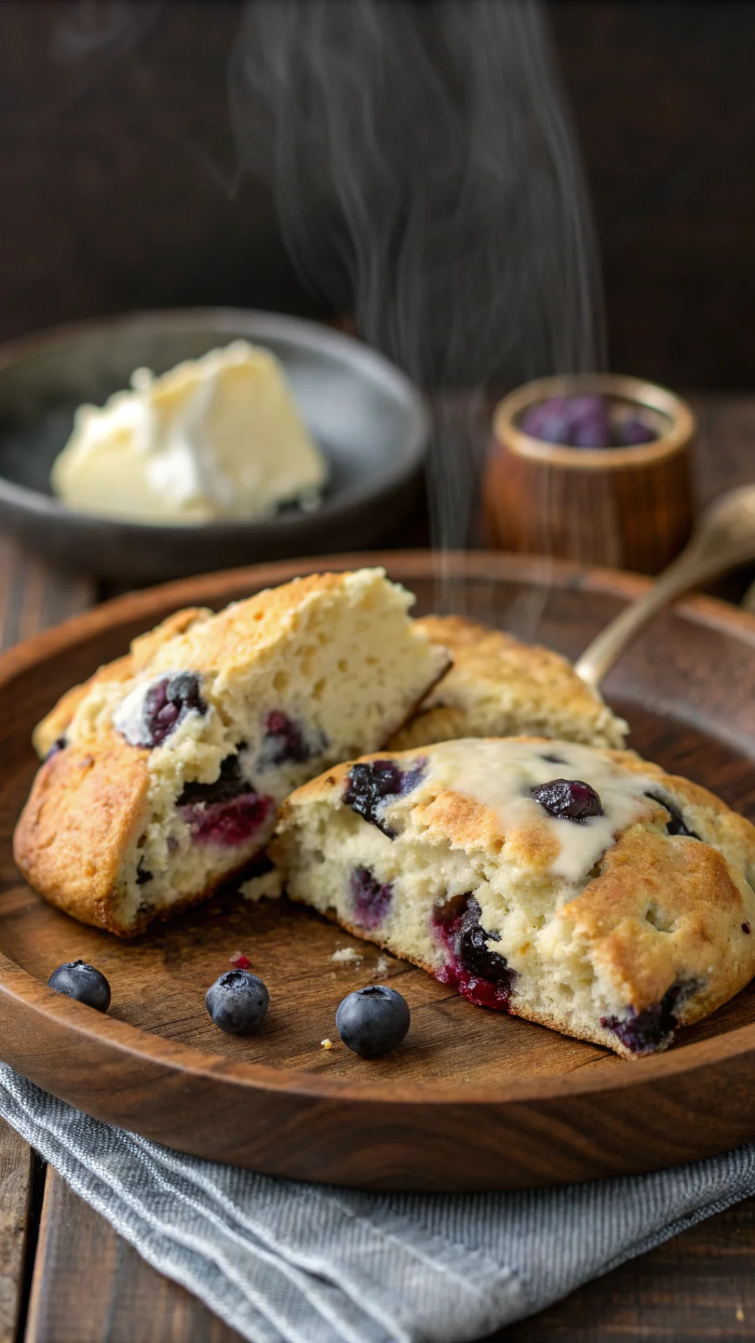 Close-up vertical shot of a single keto blueberry scone split in half, creamy butter melting on warm scone, fresh blueberries