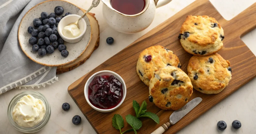 Golden-brown blueberry scones on a wooden board with clotted cream, jam jar, fresh blueberries, and tea service, overhead sho