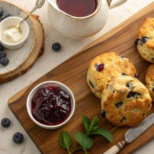 Golden-brown blueberry scones on a wooden board with clotted cream, jam jar, fresh blueberries, and tea service, overhead sho