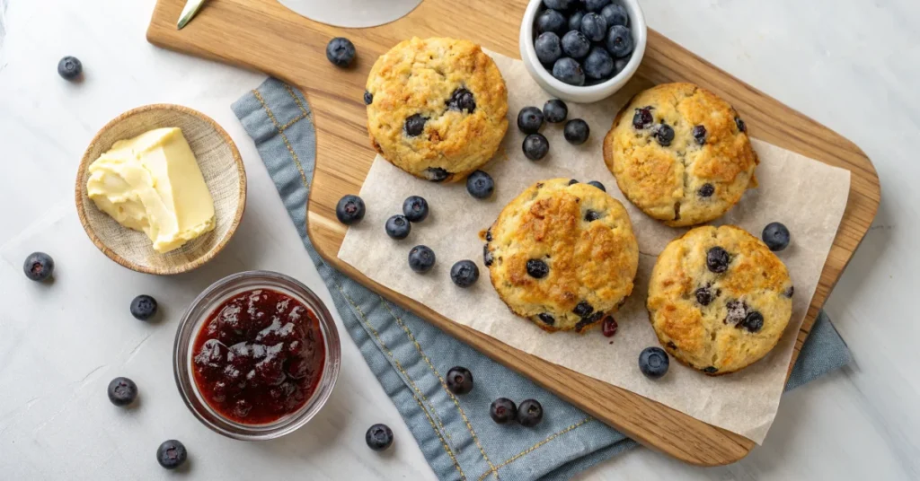 Golden keto blueberry scones arranged on a wooden board with fresh blueberries scattered around, soft morning light, overhead