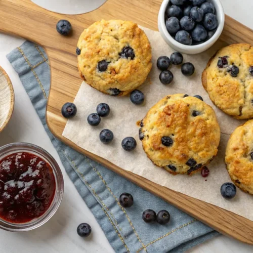 Golden keto blueberry scones arranged on a wooden board with fresh blueberries scattered around, soft morning light, overhead