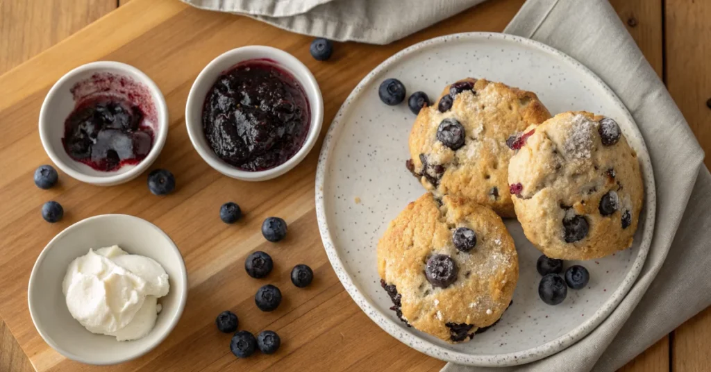 Overhead flat lay of fresh gluten-free blueberry scones with almond flour, golden-brown topped with coarse sugar, scattered b