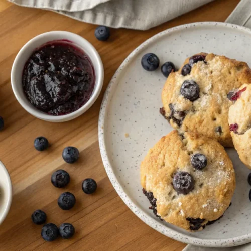 Overhead flat lay of fresh gluten-free blueberry scones with almond flour, golden-brown topped with coarse sugar, scattered b
