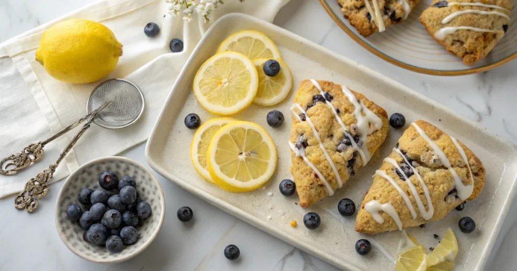 Overhead flat lay of freshly baked golden lemon blueberry scones on a ceramic platter with white lemon glaze drizzle, fresh l