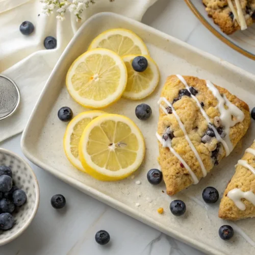 Overhead flat lay of freshly baked golden lemon blueberry scones on a ceramic platter with white lemon glaze drizzle, fresh l