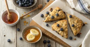 Overhead flat lay of golden blueberry oat scones with banana, scattered fresh blueberries, warm honey drizzle, rustic wooden