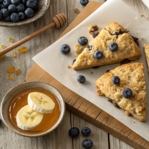 Overhead flat lay of golden blueberry oat scones with banana, scattered fresh blueberries, warm honey drizzle, rustic wooden