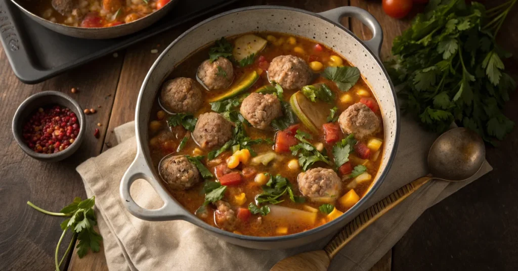 Overhead shot of steaming albondigas soup in a large pot, showcasing tender meatballs, vegetables, and rich broth, rustic kit