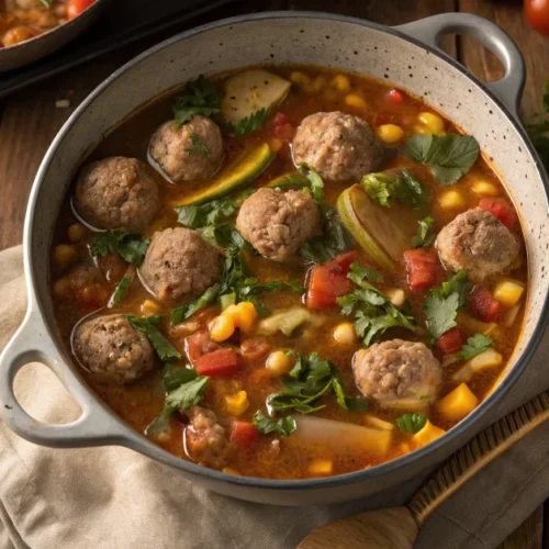 Overhead shot of steaming albondigas soup in a large pot, showcasing tender meatballs, vegetables, and rich broth, rustic kit
