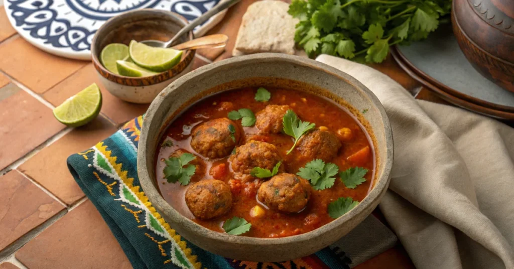 Overhead shot of steaming vegan albondigas soup in a rustic bowl, plant-based meatballs visible in tomato broth, fresh cilant