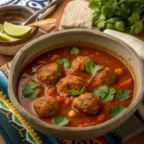 Overhead shot of steaming vegan albondigas soup in a rustic bowl, plant-based meatballs visible in tomato broth, fresh cilant