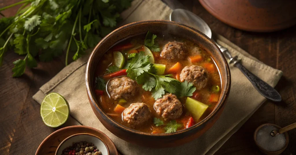 Overhead view of authentic Mexican albondigas soup in a rustic ceramic bowl, steaming meatballs and vegetables visible, garni