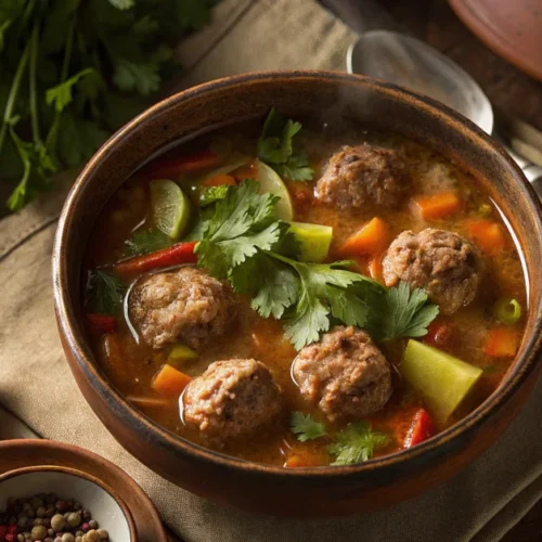 Overhead view of authentic Mexican albondigas soup in a rustic ceramic bowl, steaming meatballs and vegetables visible, garni