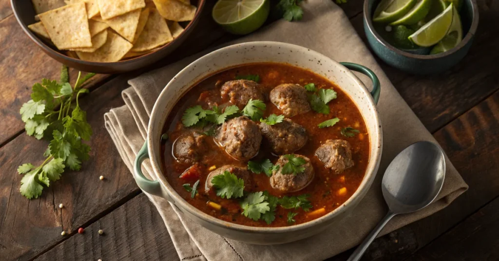 Overhead wide shot of steaming chipotle albondigas soup in a large ceramic bowl, beef meatballs visible in smoky broth, fresh