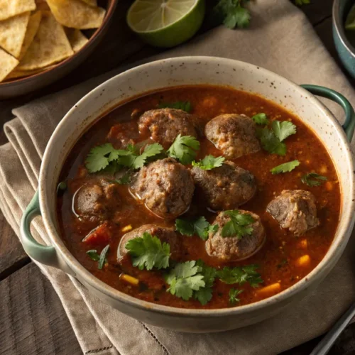 Overhead wide shot of steaming chipotle albondigas soup in a large ceramic bowl, beef meatballs visible in smoky broth, fresh
