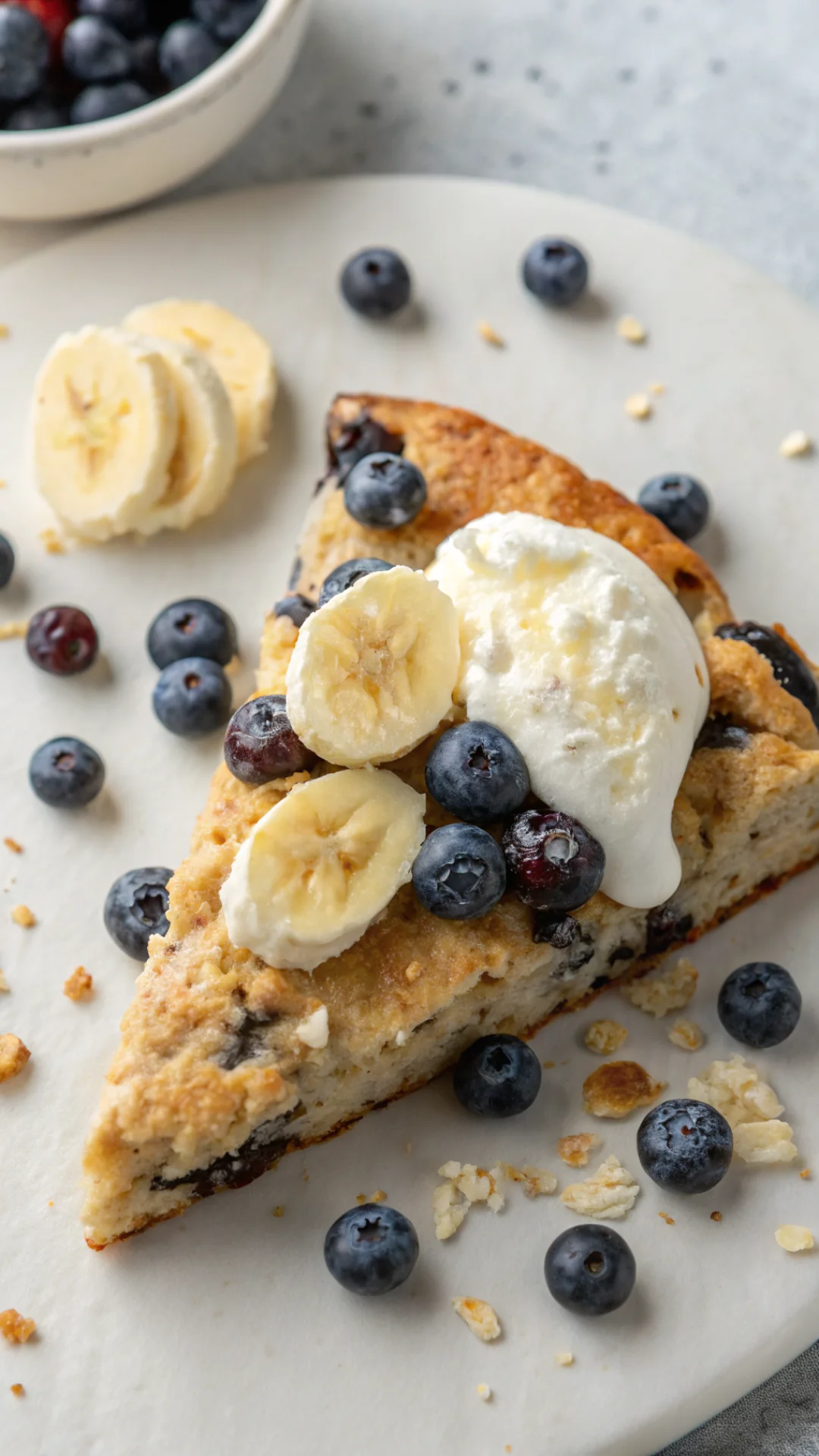 Vertical close-up portrait of a single warm blueberry oat scone with banana, split and buttered, fresh blueberries scattered