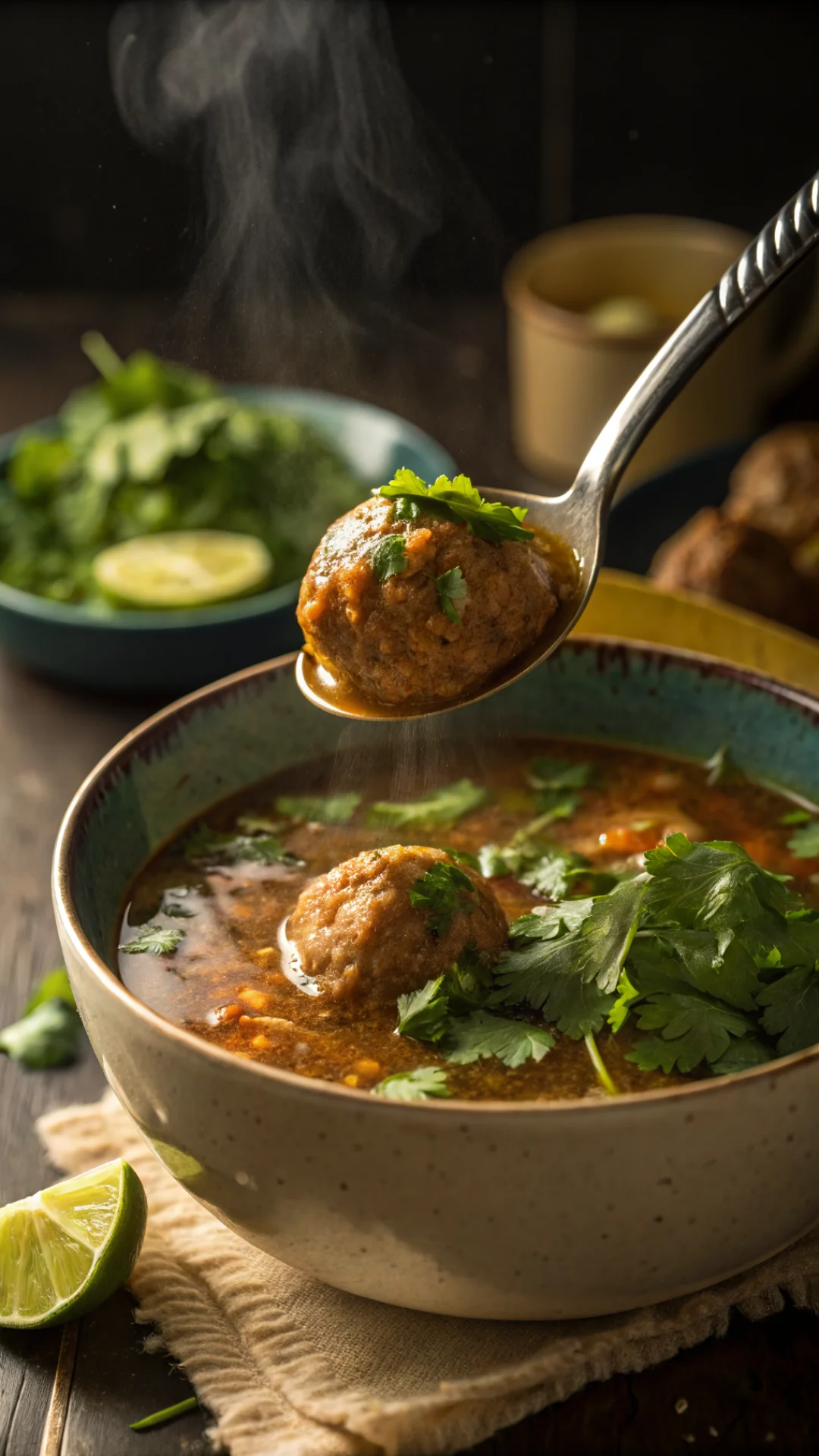 Vertical close-up portrait of vegan albondigas soup ladle lifting plant-based meatball and broth, fresh cilantro and lime vis