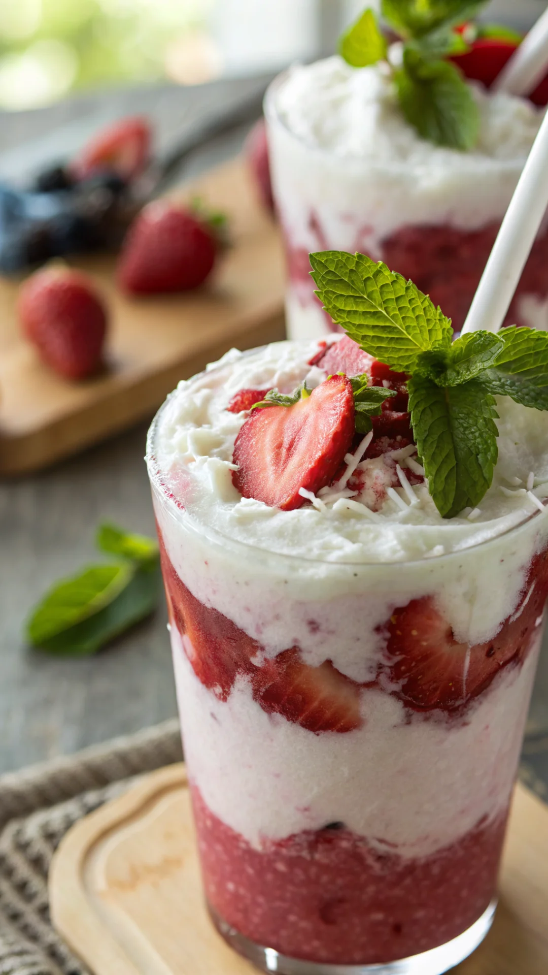 Close-up vertical portrait of a refreshing strawberry acai drink with creamy white coconut milk layer, pink acai base, wide b